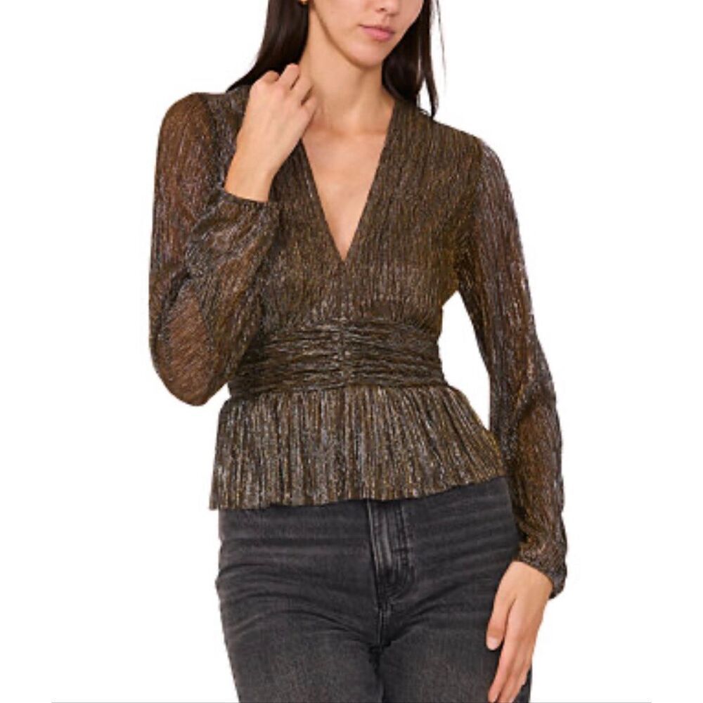 Parker Olivia Metallic-Stripe V-Neck Peplum Top